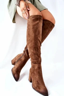 Outlet Buty damskie Vinceza Kozaki Damskie Na Słupku Zamszowe Brązowe Corrig