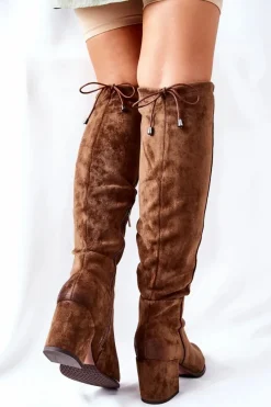 Outlet Buty damskie Vinceza Kozaki Damskie Na Słupku Zamszowe Brązowe Corrig