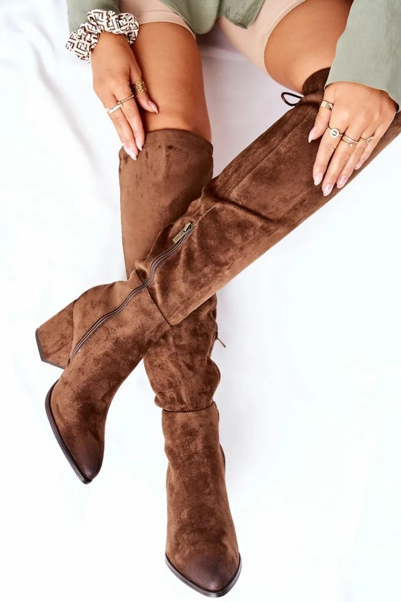 Outlet Buty damskie Vinceza Kozaki Damskie Na Słupku Zamszowe Brązowe Corrig