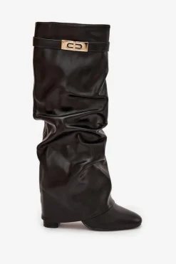 Best Kozaki Damskie Na Słupku Z Marszczoną Wywiniętą Cholewką Czarne Glorine Damskie Kozaki Ocieplane|Kozaki Na Słupku