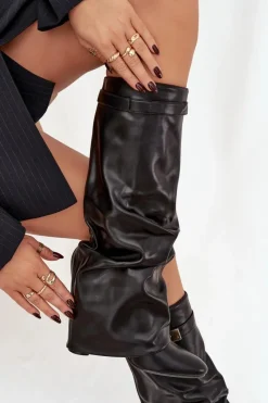 Best Kozaki Damskie Na Słupku Z Marszczoną Wywiniętą Cholewką Czarne Glorine Damskie Kozaki Ocieplane|Kozaki Na Słupku