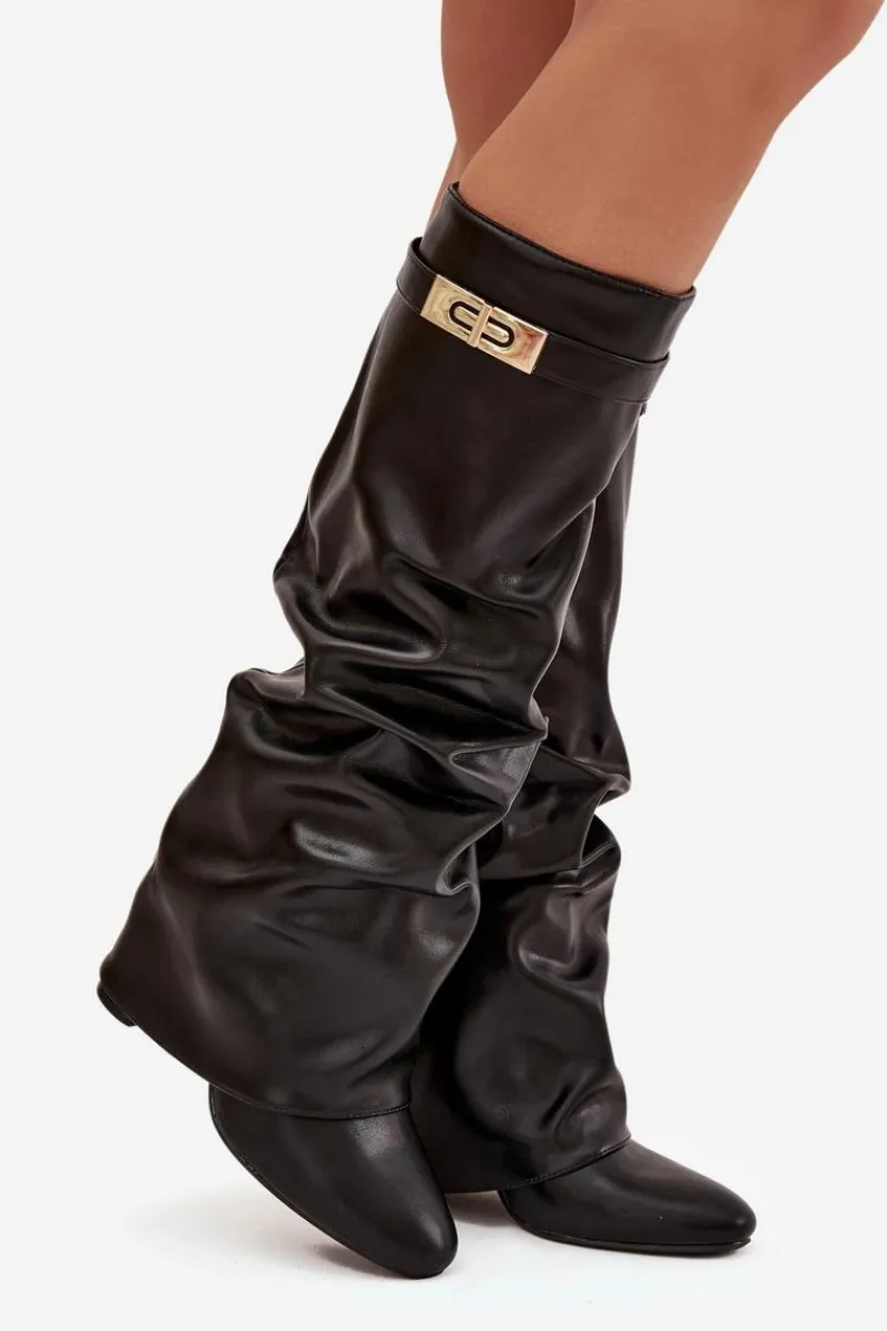 Best Kozaki Damskie Na Słupku Z Marszczoną Wywiniętą Cholewką Czarne Glorine Damskie Kozaki Ocieplane|Kozaki Na Słupku