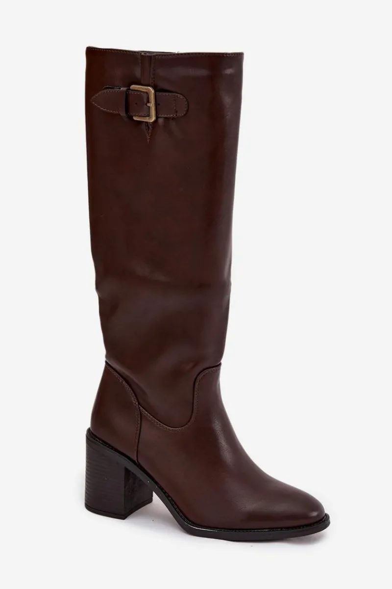 New Boto Kozaki Damskie Na Słupku Z Klamrą Czekoladowe Brenira Brązowy