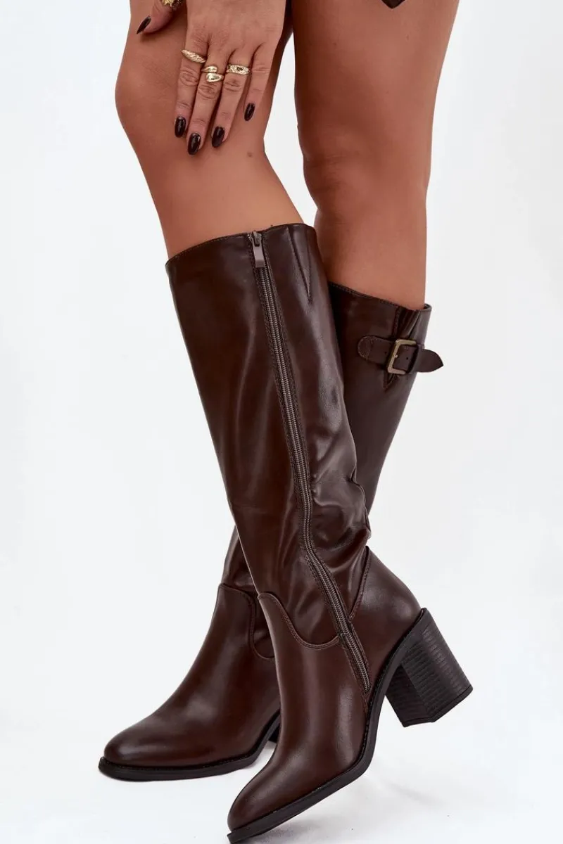 New Boto Kozaki Damskie Na Słupku Z Klamrą Czekoladowe Brenira Brązowy