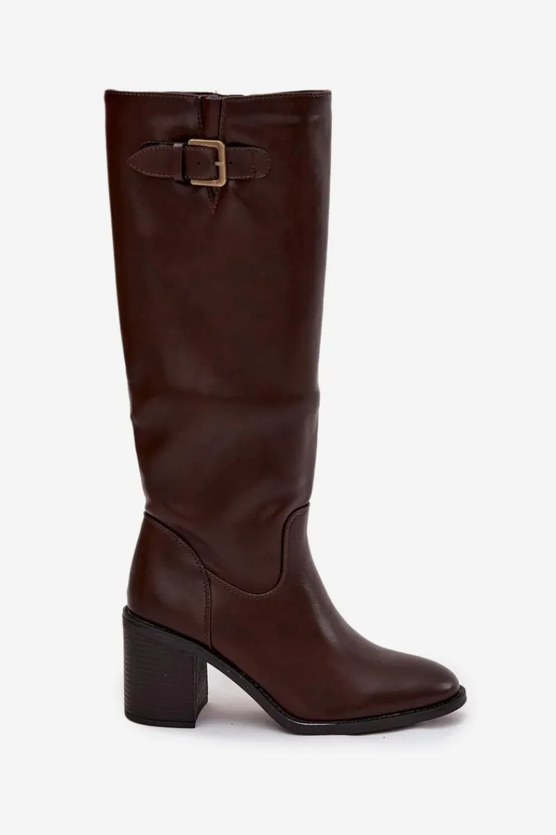 New Boto Kozaki Damskie Na Słupku Z Klamrą Czekoladowe Brenira Brązowy