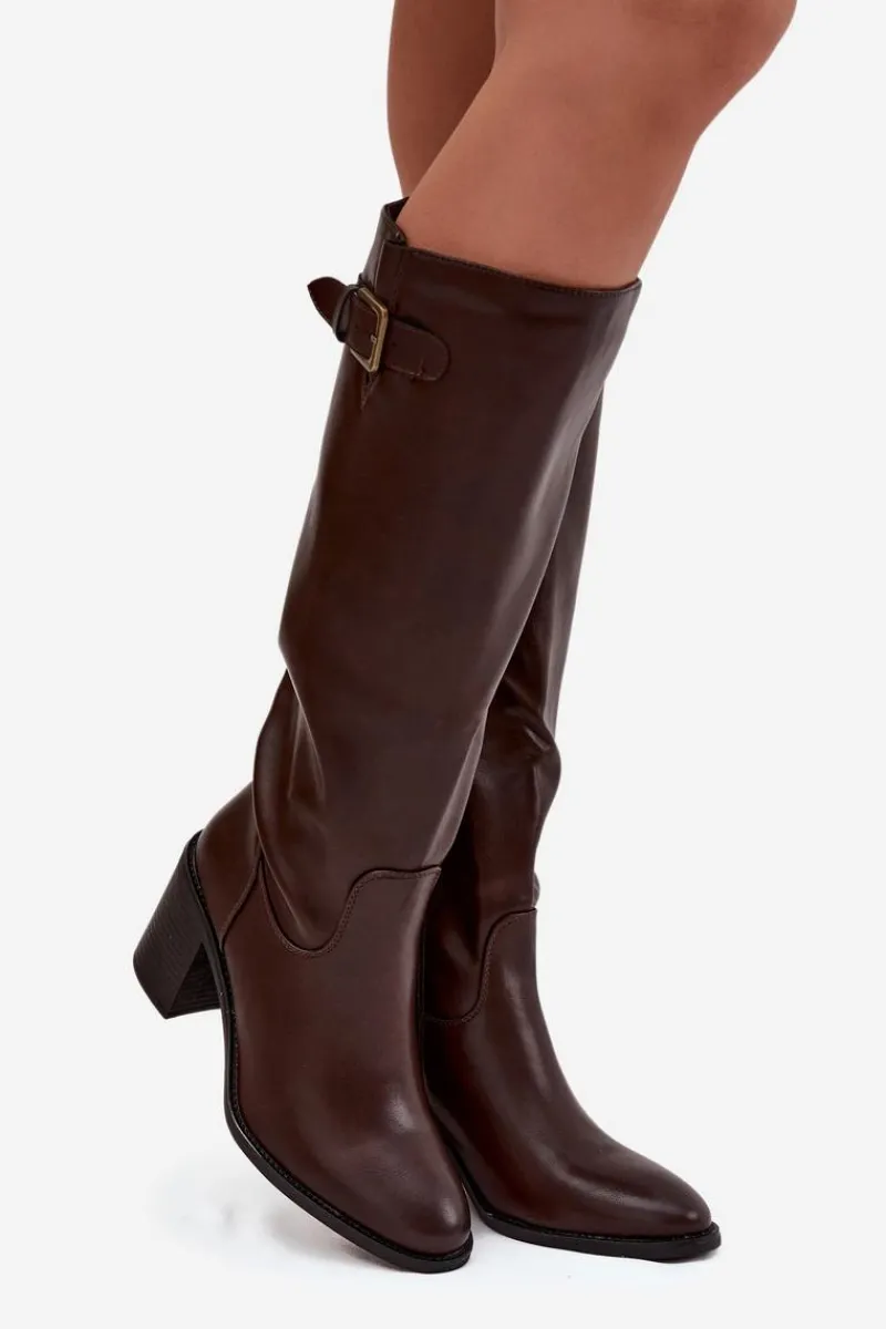 New Boto Kozaki Damskie Na Słupku Z Klamrą Czekoladowe Brenira Brązowy