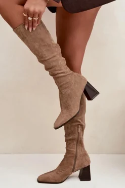 New Kozaki Damskie Na Słupku Z Przeszyciami Beżowe Celandine Damskie Kozaki Ocieplane|Kozaki Na Słupku