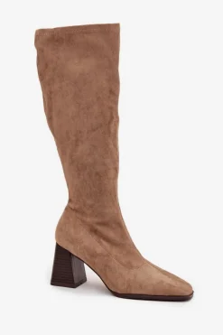 New Kozaki Damskie Na Słupku Z Przeszyciami Beżowe Celandine Damskie Kozaki Ocieplane|Kozaki Na Słupku