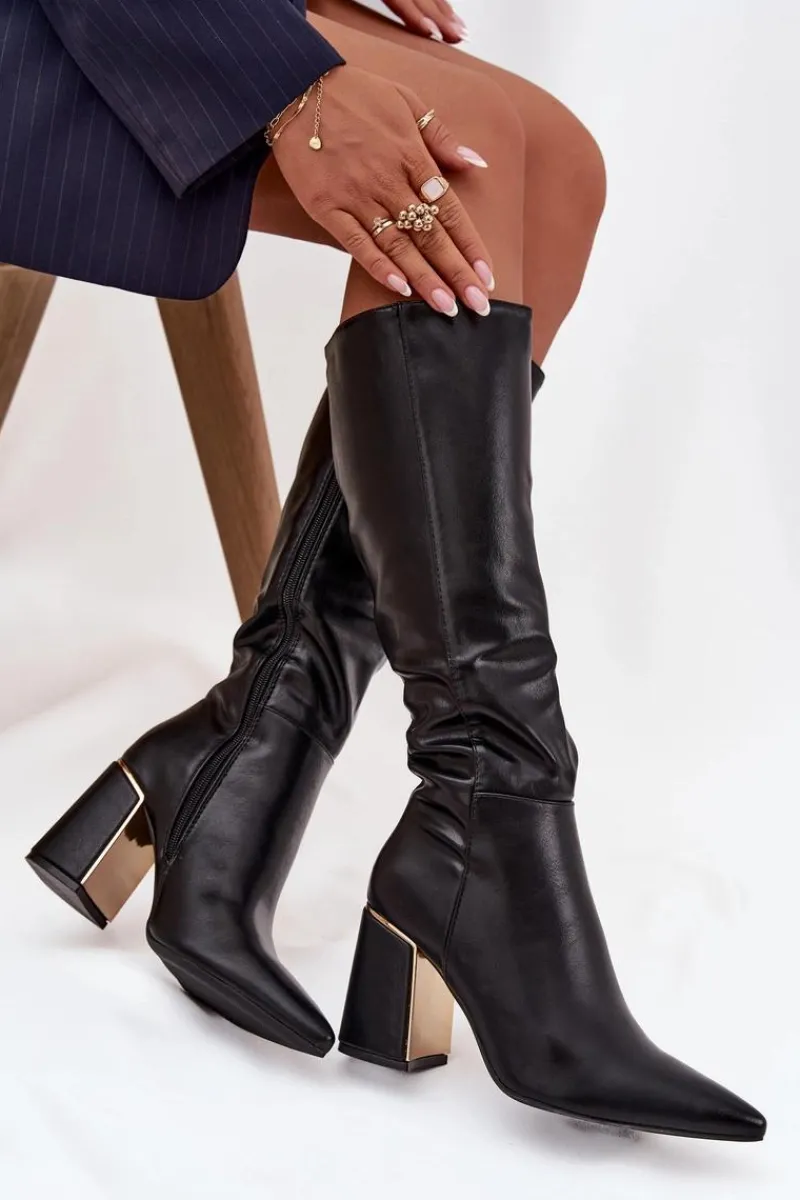 Best Kozaki Damskie Na Słupku Ze Złotym Elementem Czarne Alessine Damskie Kozaki Na Słupku|Kozaki Przed Kolano