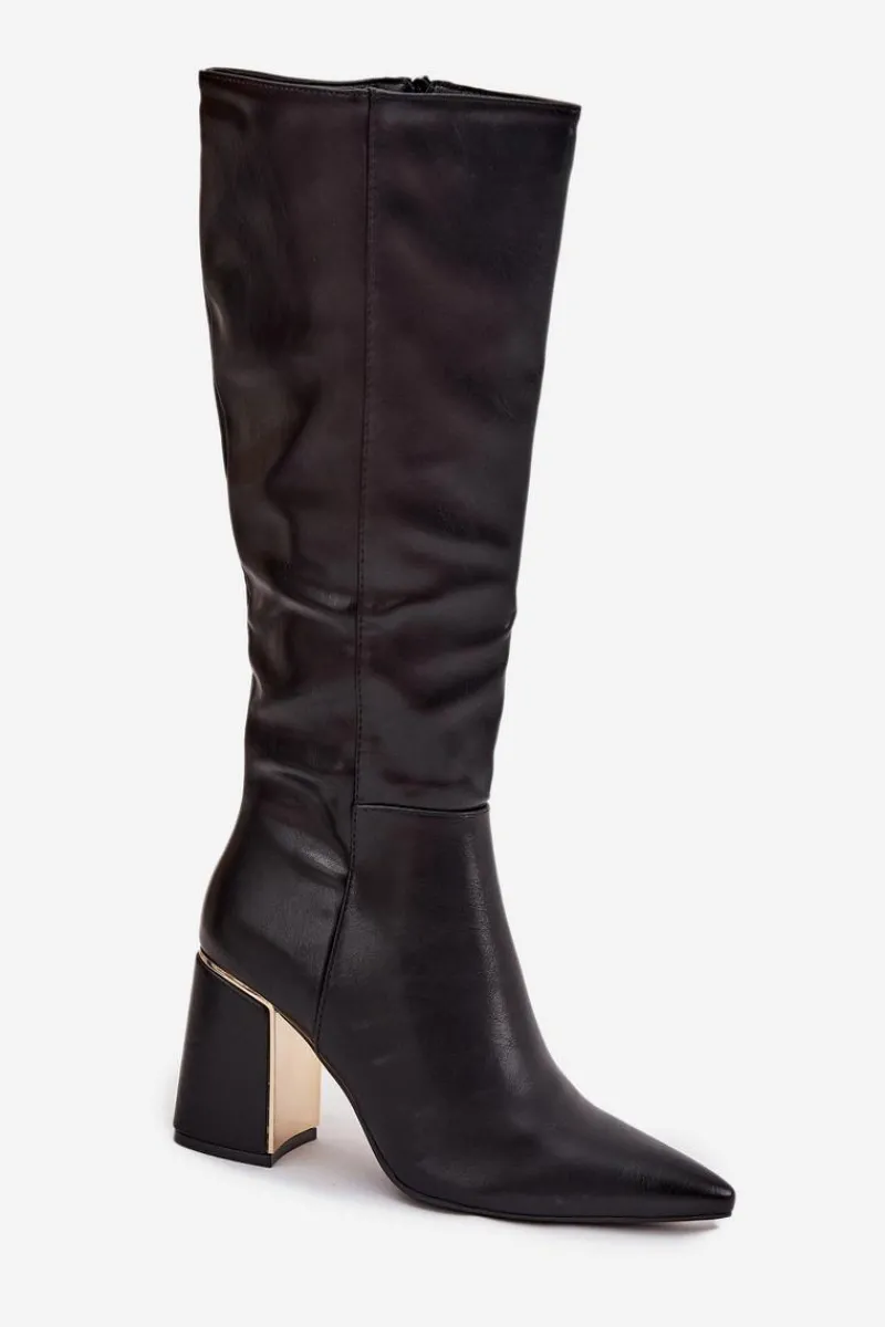 Best Kozaki Damskie Na Słupku Ze Złotym Elementem Czarne Alessine Damskie Kozaki Na Słupku|Kozaki Przed Kolano