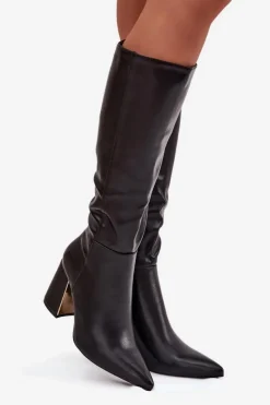 Best Kozaki Damskie Na Słupku Ze Złotym Elementem Czarne Alessine Damskie Kozaki Na Słupku|Kozaki Przed Kolano