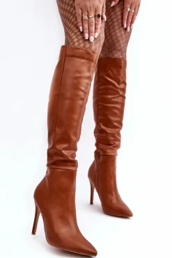 Clearance Boto Kozaki Damskie Na Szpilce Brązowe Sirenpha