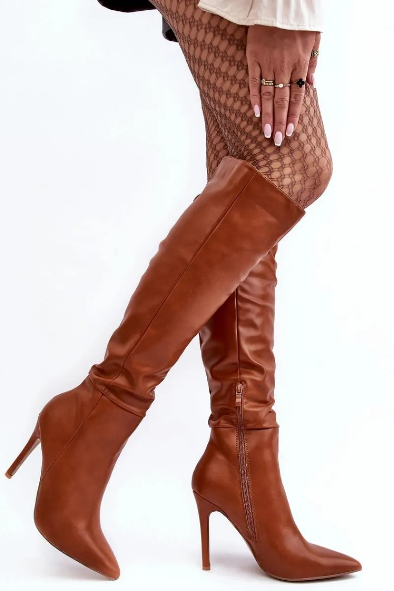 Clearance Boto Kozaki Damskie Na Szpilce Brązowe Sirenpha