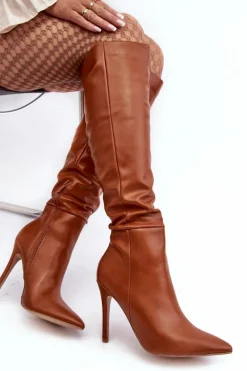 Clearance Boto Kozaki Damskie Na Szpilce Brązowe Sirenpha