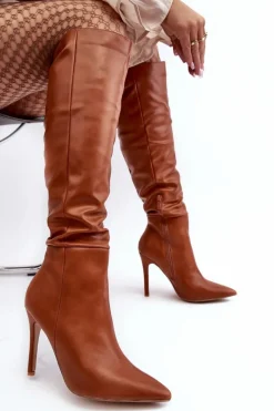 Clearance Boto Kozaki Damskie Na Szpilce Brązowe Sirenpha