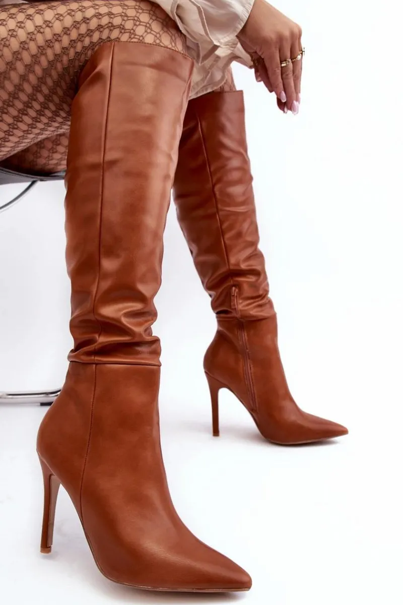 Clearance Boto Kozaki Damskie Na Szpilce Brązowe Sirenpha