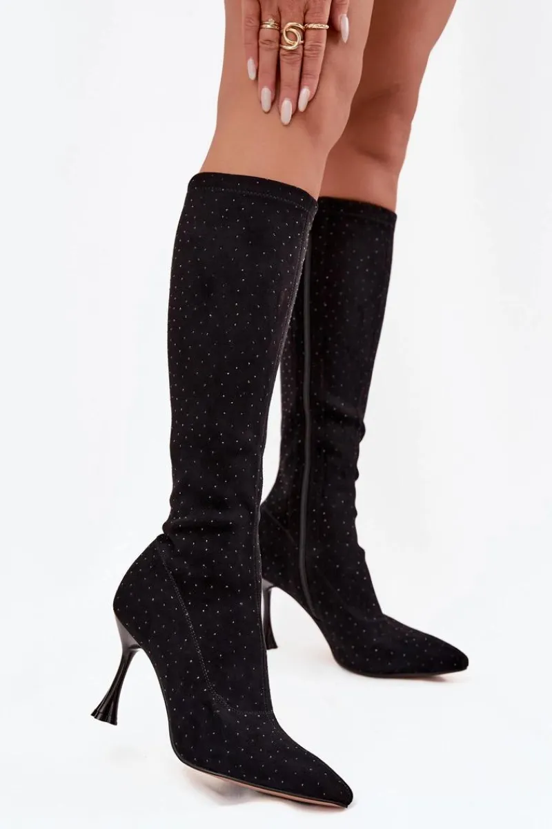 Best D&A Kozaki Damskie Na Szpilce Ze Zdobieniem JC52-883 Czarne