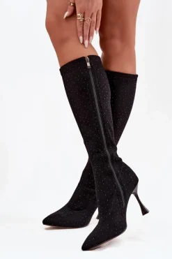 Best D&A Kozaki Damskie Na Szpilce Ze Zdobieniem JC52-883 Czarne