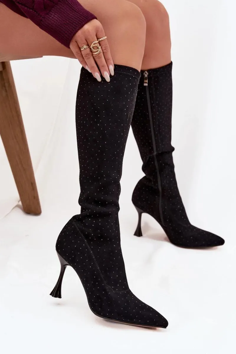 Best D&A Kozaki Damskie Na Szpilce Ze Zdobieniem JC52-883 Czarne