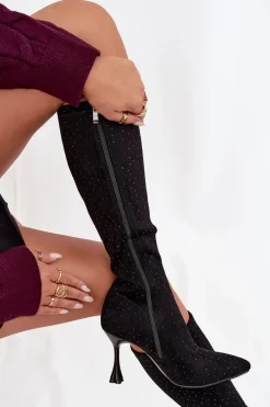 Best D&A Kozaki Damskie Na Szpilce Ze Zdobieniem JC52-883 Czarne