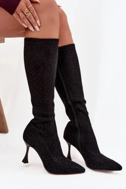 Best D&A Kozaki Damskie Na Szpilce Ze Zdobieniem JC52-883 Czarne