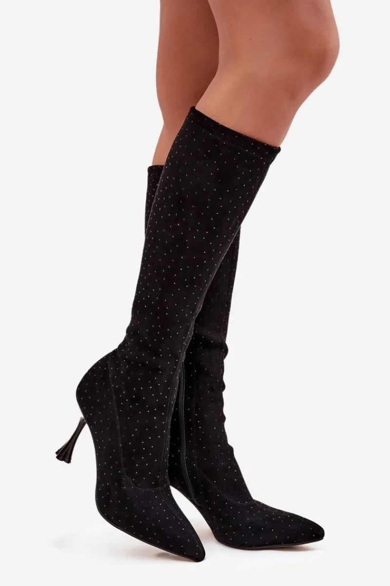 Best D&A Kozaki Damskie Na Szpilce Ze Zdobieniem JC52-883 Czarne