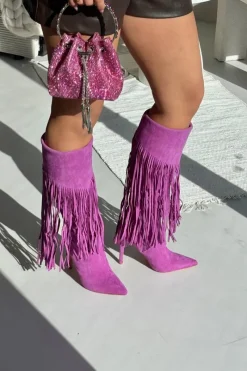 Outlet Boto Kozaki Damskie Na Szpilce Z Frędzlami Fioletowe Isalune Fioletowy