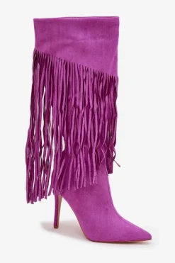 Outlet Boto Kozaki Damskie Na Szpilce Z Frędzlami Fioletowe Isalune Fioletowy