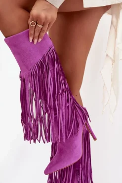 Outlet Boto Kozaki Damskie Na Szpilce Z Frędzlami Fioletowe Isalune Fioletowy