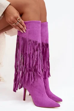 Outlet Boto Kozaki Damskie Na Szpilce Z Frędzlami Fioletowe Isalune Fioletowy