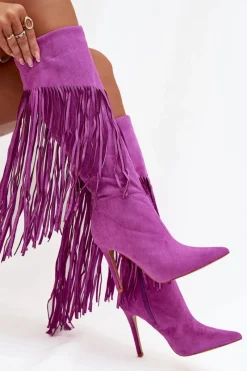 Outlet Boto Kozaki Damskie Na Szpilce Z Frędzlami Fioletowe Isalune Fioletowy