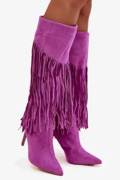 Outlet Boto Kozaki Damskie Na Szpilce Z Frędzlami Fioletowe Isalune Fioletowy