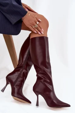 Discount Boto Kozaki Damskie Na Szpilce Przed Kolano Bordowe Vionette Czerwony