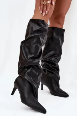 Kozaki Ocieplane|Kozaki Na Szpilce></noscript>Boto Kozaki Damskie Na Szpilce Wsuwane Z Marszczeniem Czarne Rosivine