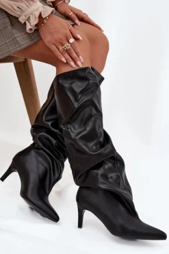 Kozaki Ocieplane|Kozaki Na Szpilce></noscript>Boto Kozaki Damskie Na Szpilce Wsuwane Z Marszczeniem Czarne Rosivine