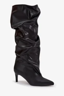 Kozaki Ocieplane|Kozaki Na Szpilce></noscript>Boto Kozaki Damskie Na Szpilce Wsuwane Z Marszczeniem Czarne Rosivine