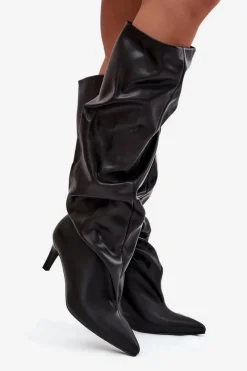 Kozaki Ocieplane|Kozaki Na Szpilce></noscript>Boto Kozaki Damskie Na Szpilce Wsuwane Z Marszczeniem Czarne Rosivine