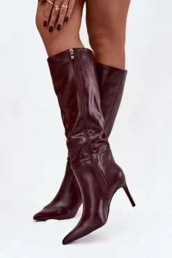 Kozaki Na Szpilce|Kozaki Przed Kolano></noscript>Boto Kozaki Damskie Na Szpilce Z Paskiem Bordowe Lisanne Czerwony