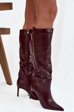 Kozaki Na Szpilce|Kozaki Przed Kolano></noscript>Boto Kozaki Damskie Na Szpilce Z Paskiem Bordowe Lisanne Czerwony