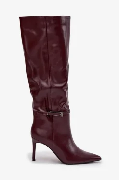 Kozaki Na Szpilce|Kozaki Przed Kolano></noscript>Boto Kozaki Damskie Na Szpilce Z Paskiem Bordowe Lisanne Czerwony