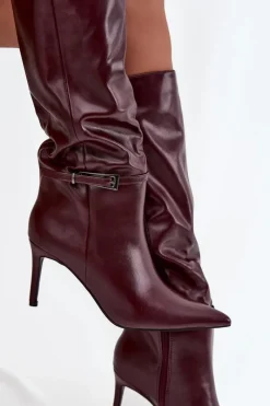 Kozaki Na Szpilce|Kozaki Przed Kolano></noscript>Boto Kozaki Damskie Na Szpilce Z Paskiem Bordowe Lisanne Czerwony