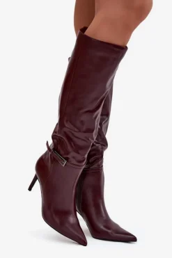 Kozaki Na Szpilce|Kozaki Przed Kolano></noscript>Boto Kozaki Damskie Na Szpilce Z Paskiem Bordowe Lisanne Czerwony