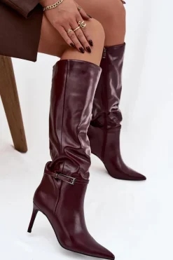 Kozaki Na Szpilce|Kozaki Przed Kolano></noscript>Boto Kozaki Damskie Na Szpilce Z Paskiem Bordowe Lisanne Czerwony