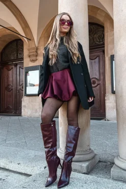 Kozaki Na Szpilce|Kozaki Przed Kolano></noscript>Boto Kozaki Damskie Na Szpilce Z Paskiem Bordowe Lisanne Czerwony