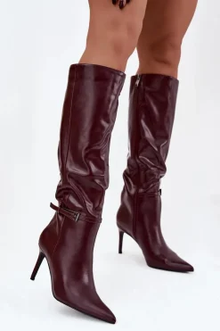 Kozaki Na Szpilce|Kozaki Przed Kolano></noscript>Boto Kozaki Damskie Na Szpilce Z Paskiem Bordowe Lisanne Czerwony