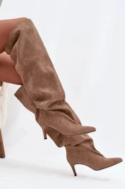 Discount Kozaki Damskie Na Szpilce Wsuwane Beżowe Mavilla Damskie Kozaki Ocieplane|Muszkieterki