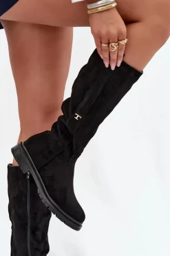 Discount Boto Kozaki Damskie Ocieplane Na płaskim Obcasie Eko Zamszowe Czarne Delyssa