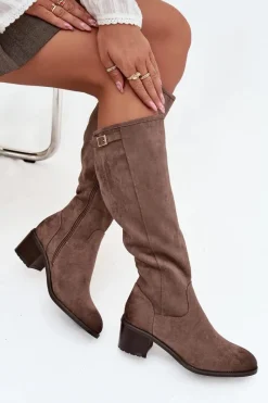 Kozaki Ocieplane|Kozaki Przed Kolano>Buty damskie Vinceza Kozaki Damskie Ocieplane Na Obcasie Ze Złotą Klamrą Vinceza 58589 Ciemnobeżowe