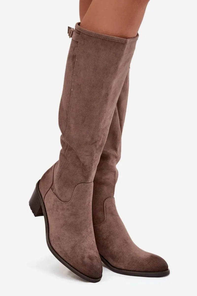 Kozaki Ocieplane|Kozaki Przed Kolano>Buty damskie Vinceza Kozaki Damskie Ocieplane Na Obcasie Ze Złotą Klamrą Vinceza 58589 Ciemnobeżowe