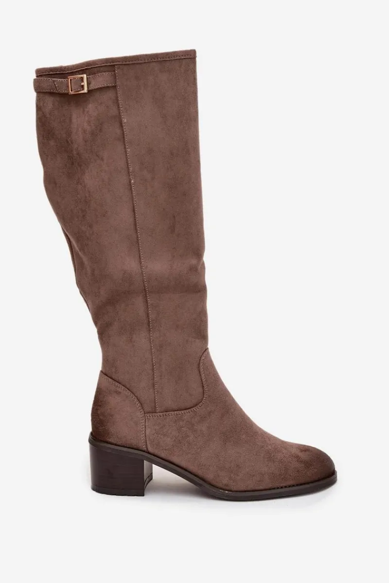 Kozaki Ocieplane|Kozaki Przed Kolano>Buty damskie Vinceza Kozaki Damskie Ocieplane Na Obcasie Ze Złotą Klamrą Vinceza 58589 Ciemnobeżowe